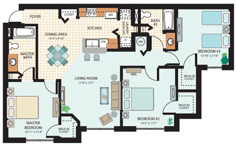 Floor plan for 3 beds, 2 baths, 1240 sqft